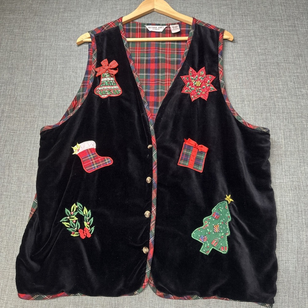 Victoria Jones Christmas Vest Women 2X Black Velvet Plaid Excellent 90s Vintage